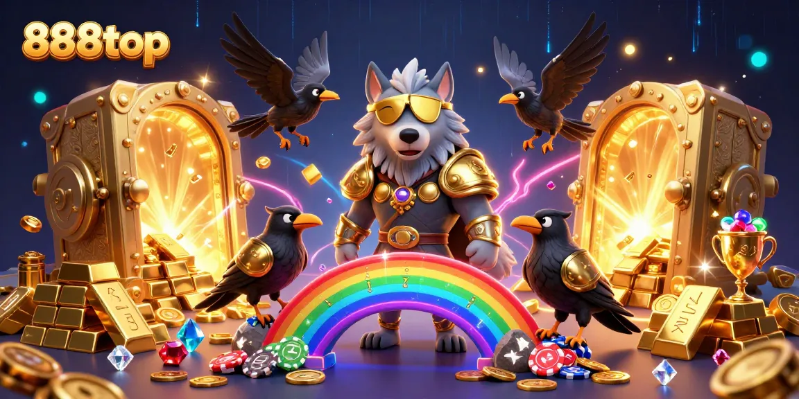 Experience thrilling games at 888top with Odin and his ravens on a vibrant casino bridge.