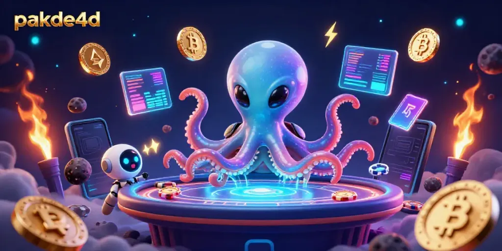 Gambarlah momen seru bermain poker di pakde4d dengan karakter unik dan elemen digital berkilau.