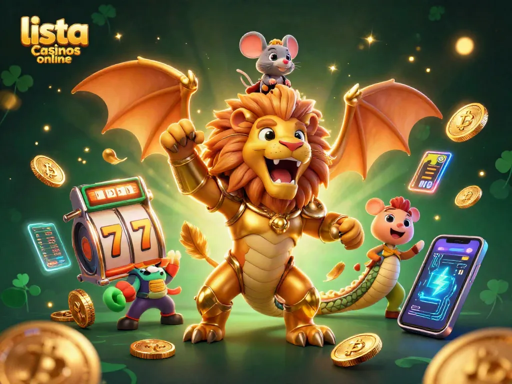 Visualiza la emocionante lista de casinos en línea en esta ilustración 3D cargada de adrenalina, con elementos de juego vibrantes.