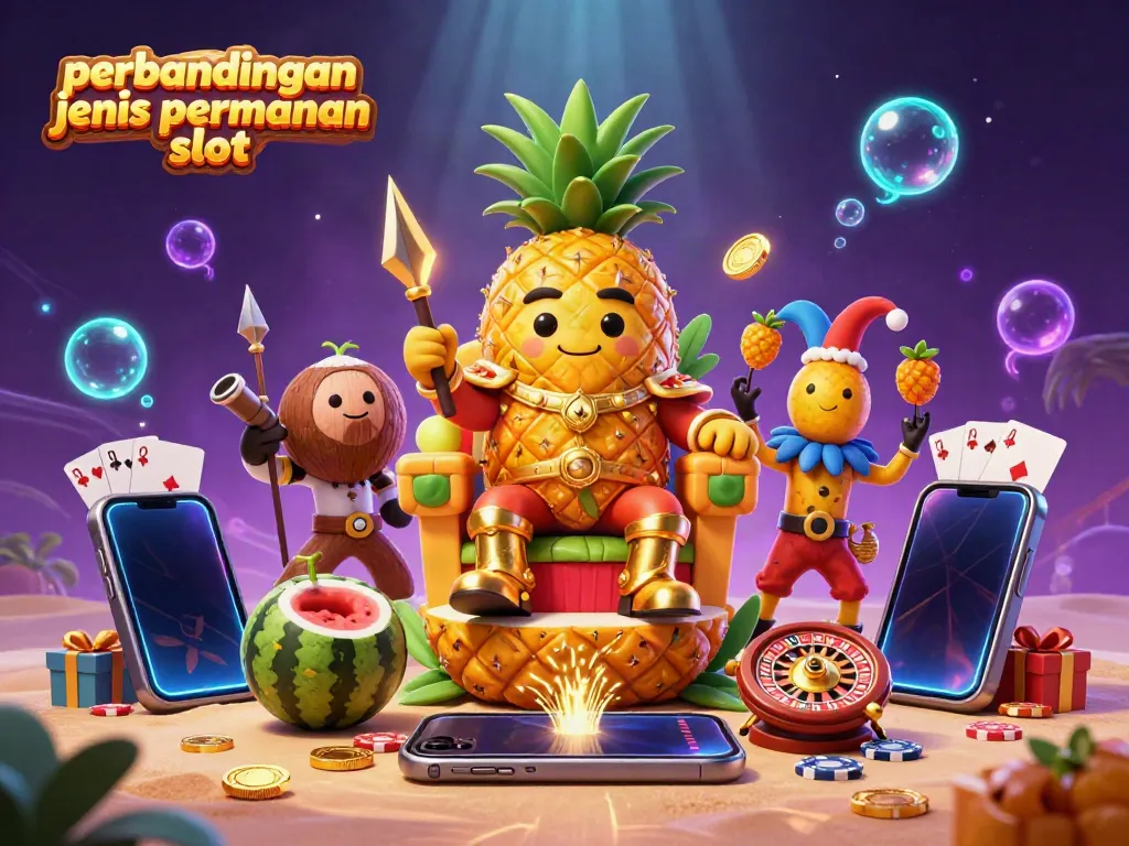 Slot online perbandingan jenis permainan slot dengan elemen kasino menarik, diilustrasikan dengan karakter yang ceria.