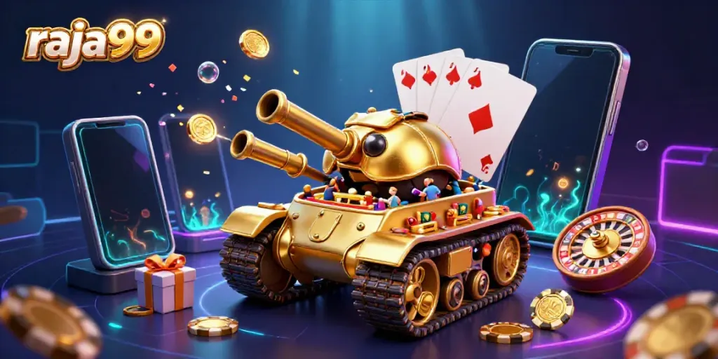 Experience raja99's vibrant casino scene with dynamic golden beetle tank and rich gaming elements.
