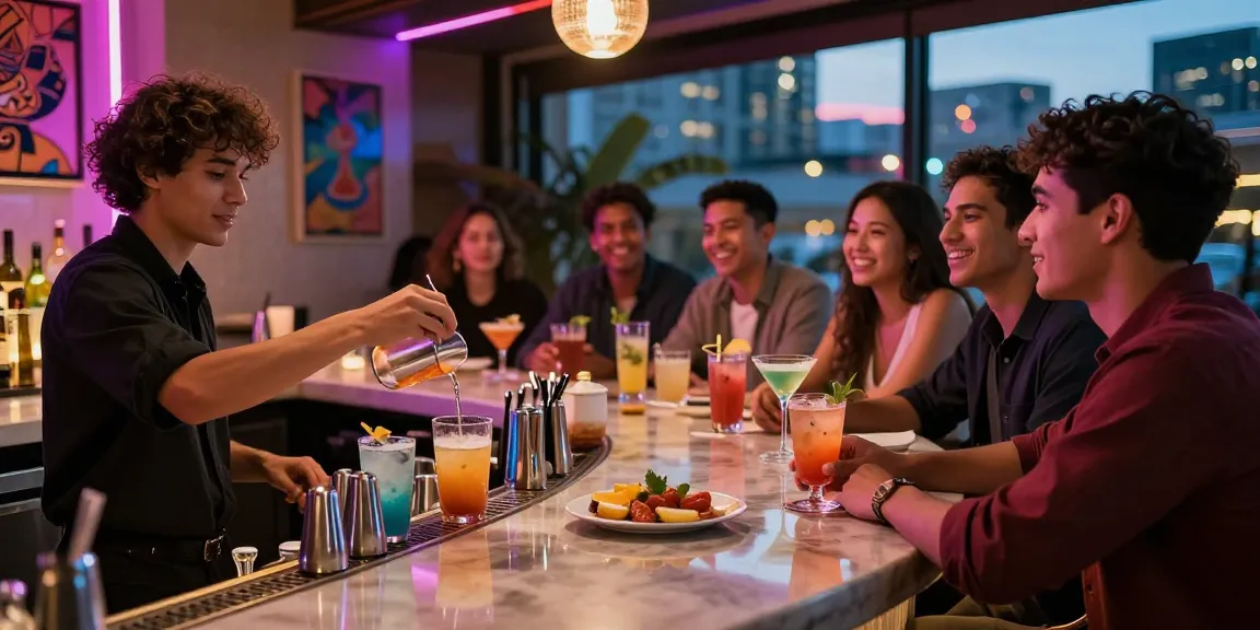 Enjoying vibrant nightlife at rokok88 bar with friends over cocktails and appetizers.