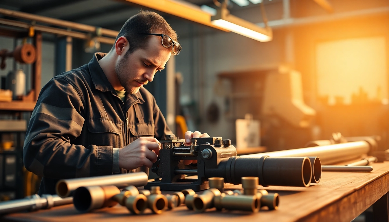 Technician efficiently using the rothenberger press tool to streamline pipe connections in a workshop.