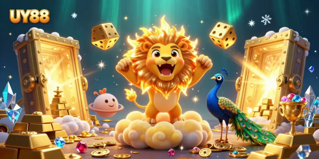Experience thrilling gaming with UY88 as golden treasures and vibrant characters fill the scene.