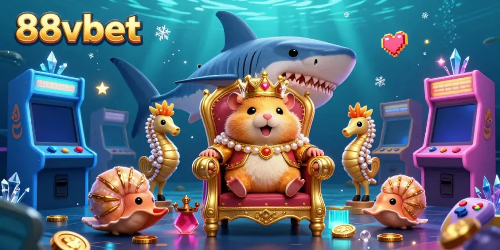 Experience the vibrant casino atmosphere at 88vbet with a golden hamster king and game elements.