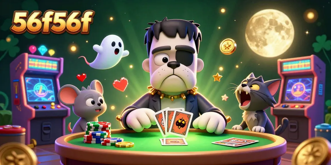 Engage with 56f56f's lively casino scene featuring a Frankenstein bulldog dealing cards, a ghost mouse, and fun gaming elements.