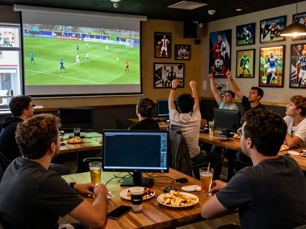 TOP10FOOTBALL fans gathered at a lively sports bar, watching a thrilling match.