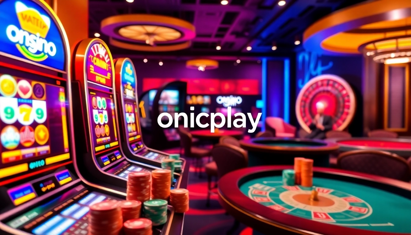 Engaging online casino scene with players enjoying onicplay slot machines and poker.