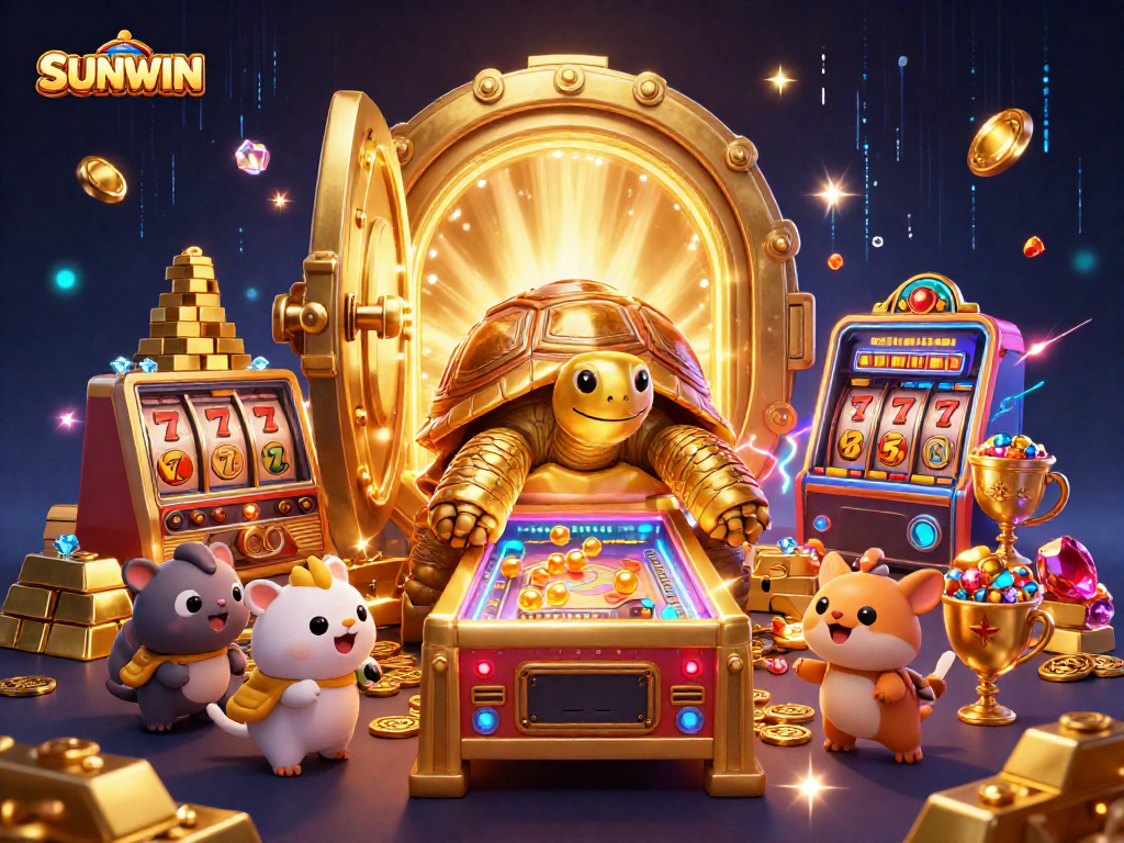 SUNWIN celebrates exciting gameplay with a golden tortoise pinball machine, vibrant jewels, and dynamic slot elements.