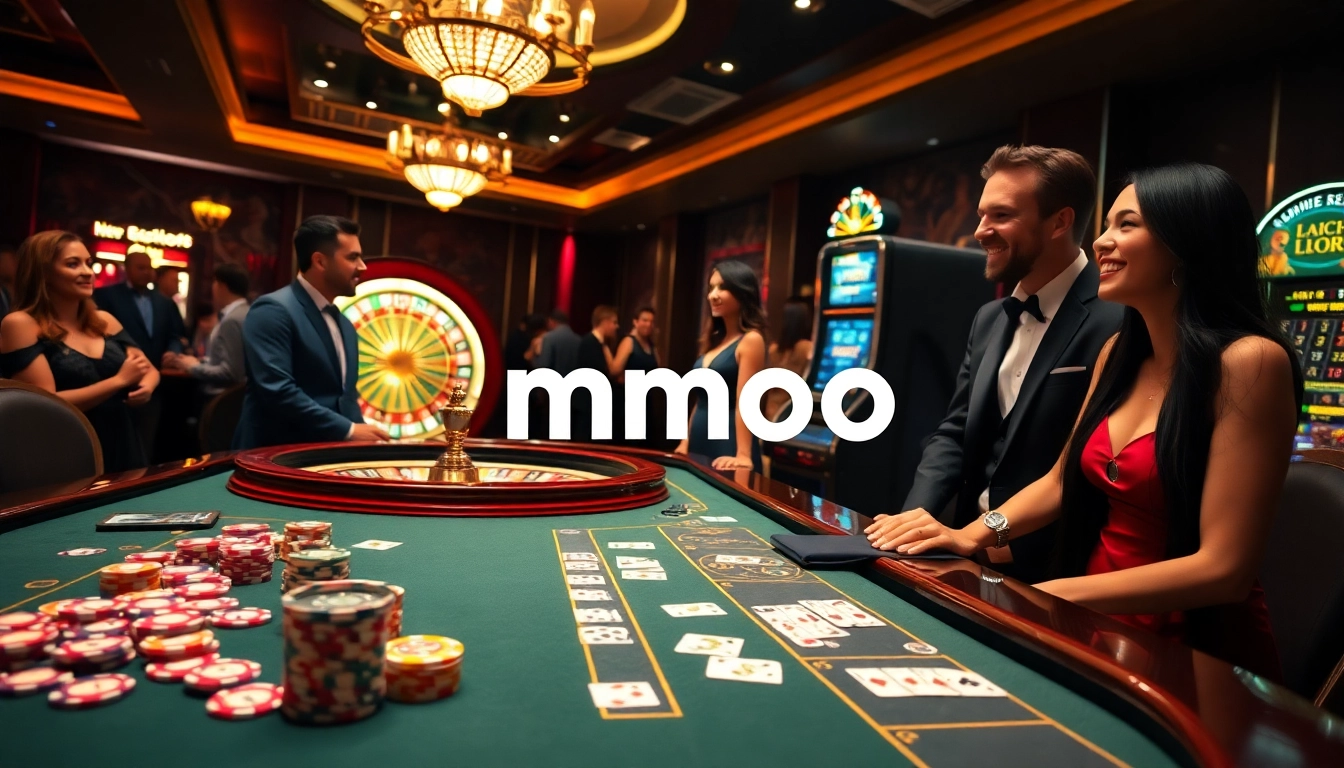 Players enjoying an upscale casino experience at MMOO with vibrant roulette and slot machines.