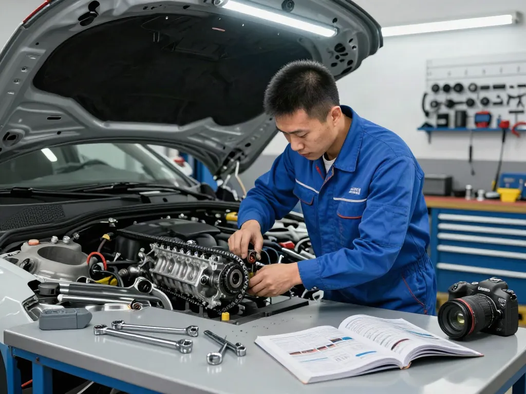 Mechaniker beim BMW Steuerkette wechseln mit professionellem Werkzeug in moderner Werkstatt.