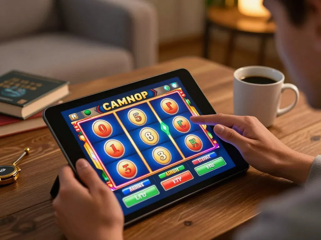 Player enjoying a dynamic online slot game on a tablet in a cozy home setting.
