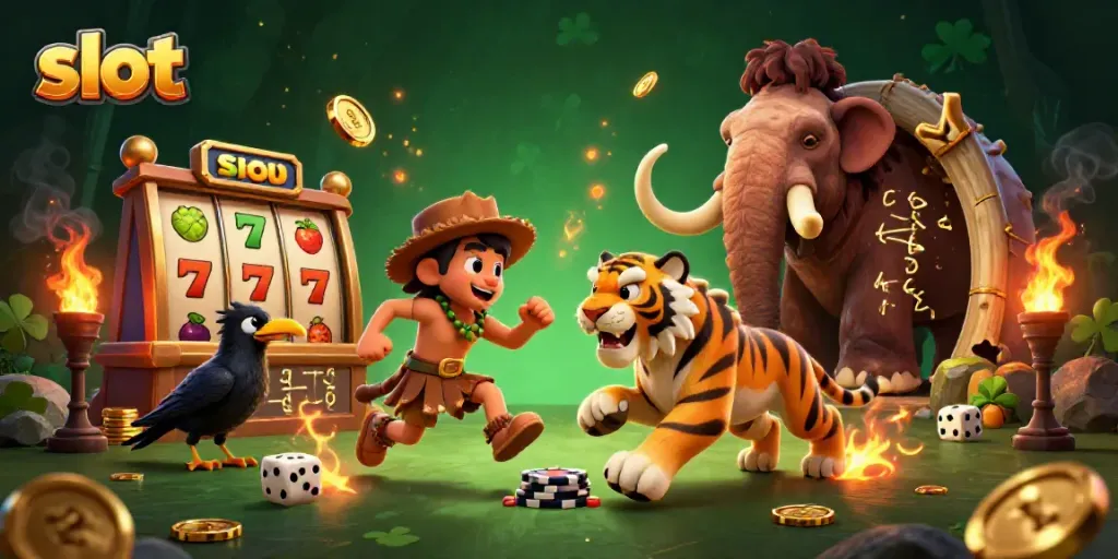 Experience the excitement of slot machines with a vibrant prehistoric casino scene featuring cavemen, a sabertooth tiger, and fruits.