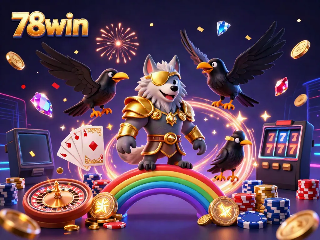 Engage with 78win in a vibrant and colorful 3D casino scene featuring iconic characters and thrilling game elements.