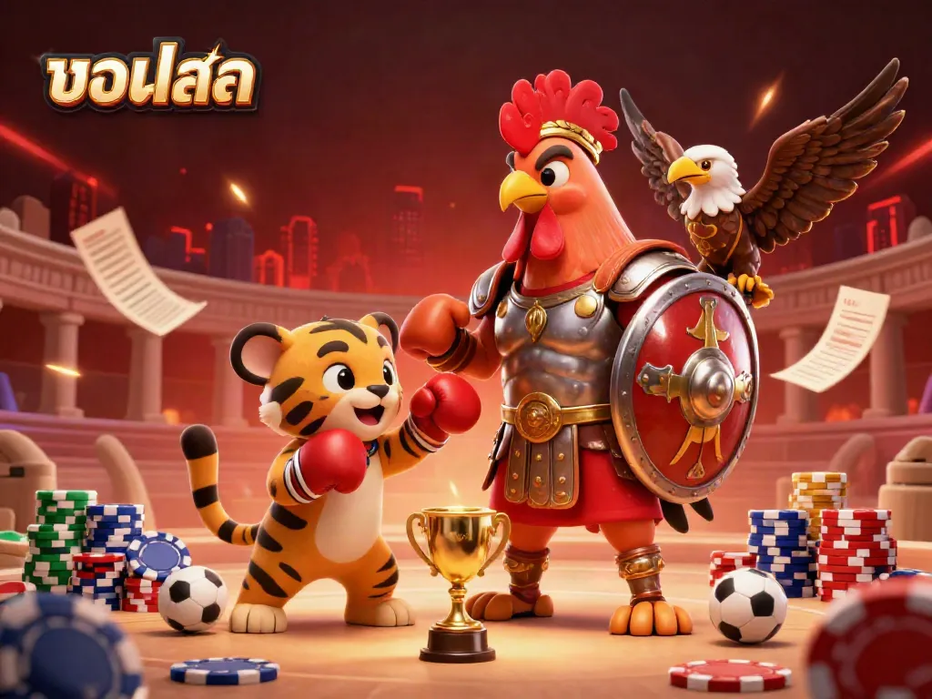 Experience the thrill of บอลสด with this vibrant scene featuring a gladiator rooster and tiger cub in a sports setting.