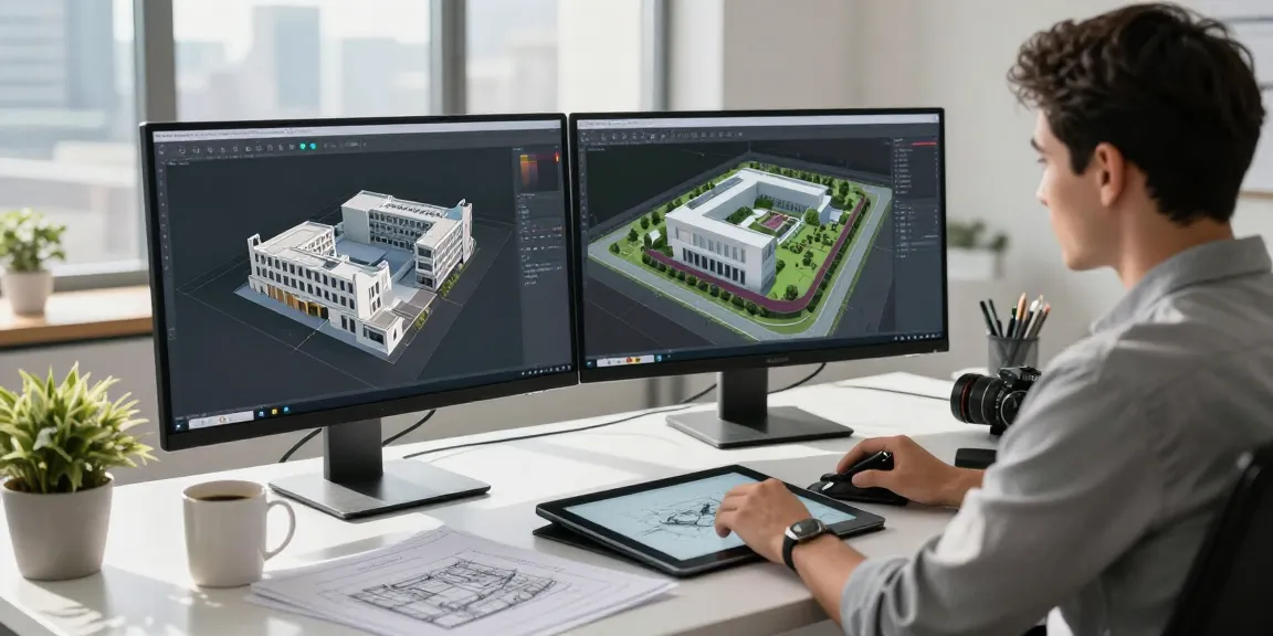 3D modelling workspace featuring an architect designing digital models.