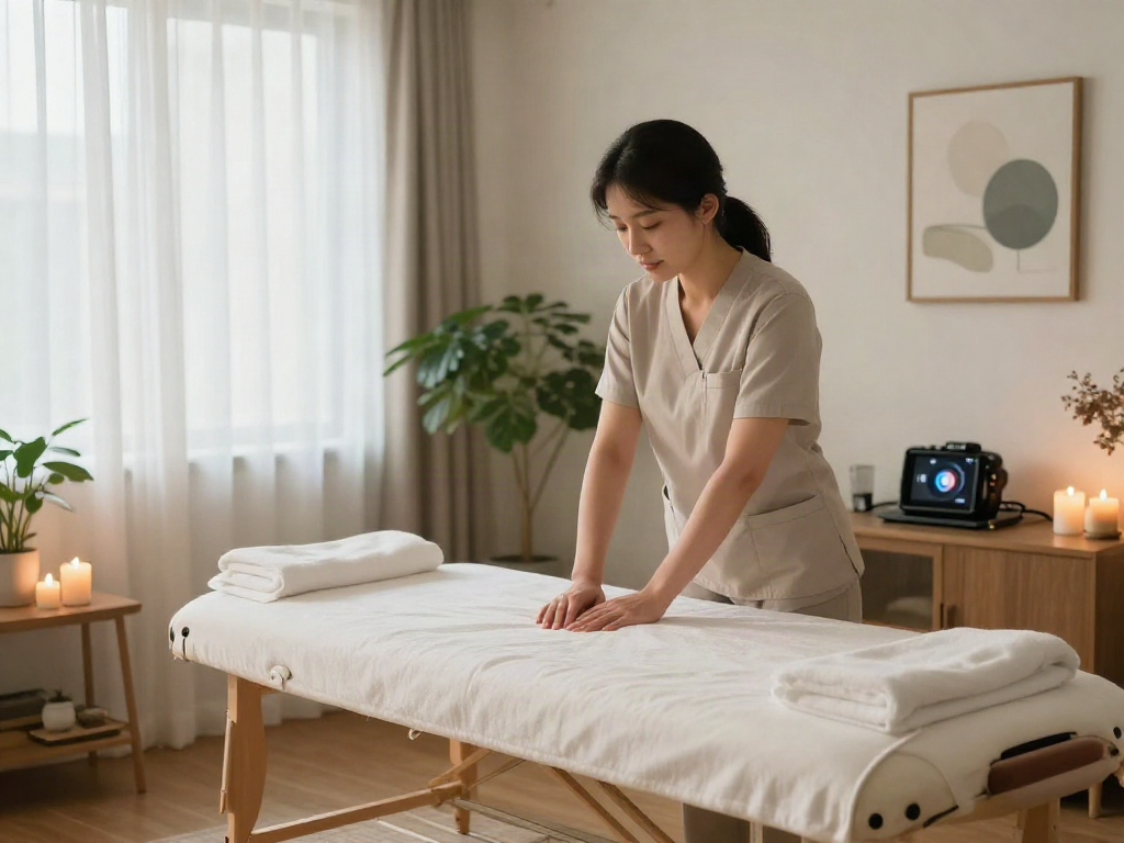 Inviting setting for 강북출장안마 with skilled therapist preparing cozy atmosphere.