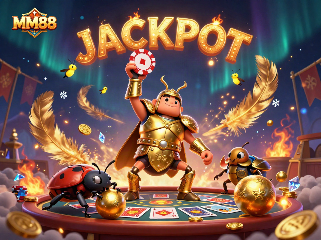 Engage in winning strategies at MM88 with a victorious beetle character in a colorful casino scene.