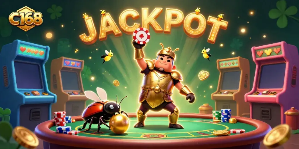 Engage with C168 by enjoying a winning moment of a beetle champion in a vibrant casino scene.