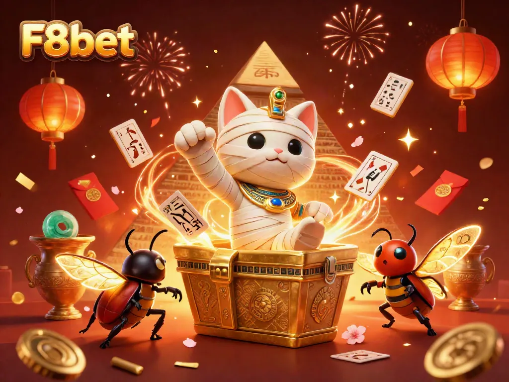 Experience the vibrant world of F8bet with an adventurous mummy cat and glowing scarab beetle in a lively casino setting.