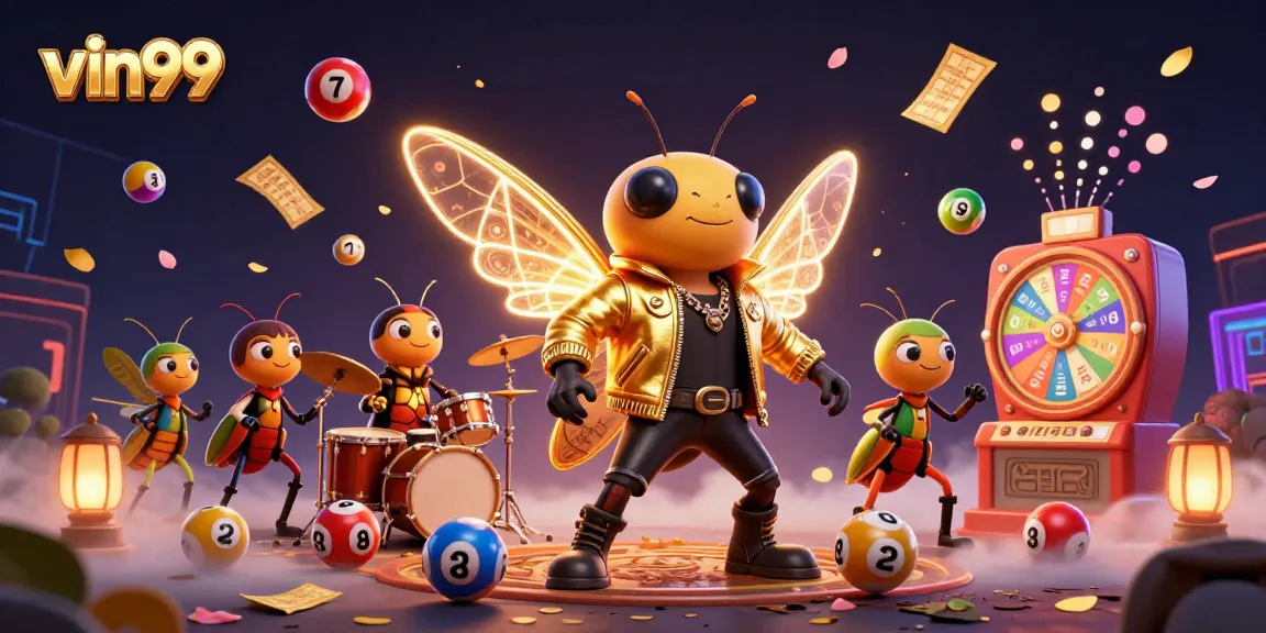 Win big with vin99 in this dynamic casino-themed illustration featuring lottery elements and musical characters.