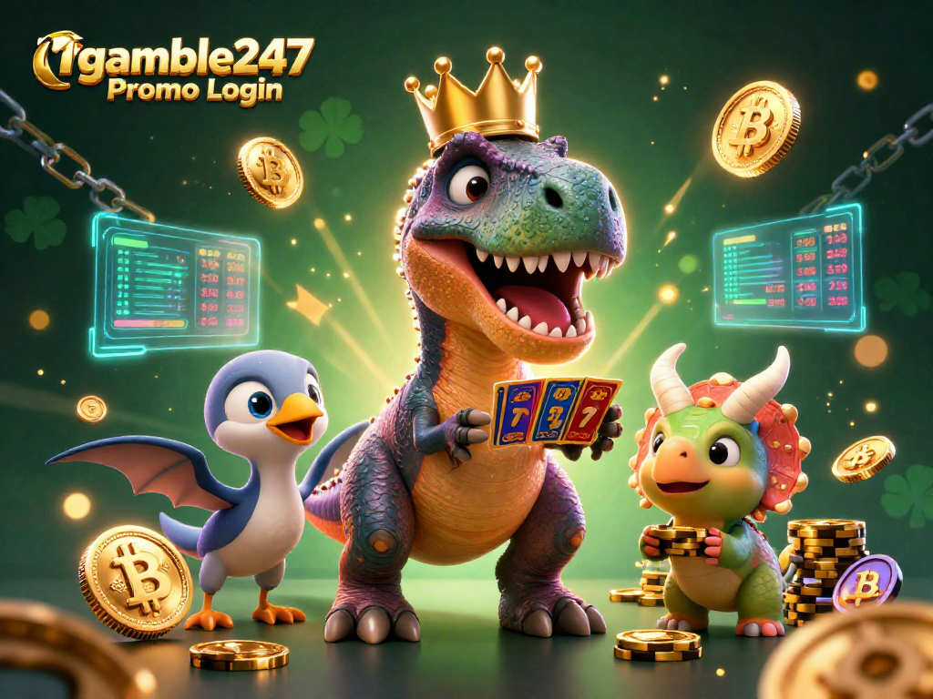 Igamble247 Promo Login with a dinosaur trio enjoying slot games and stacked chips.