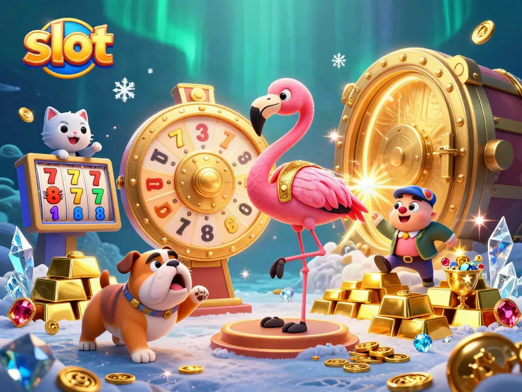 Spin the reels in this vibrant slot scene with lucky symbols and treasure overflowing.