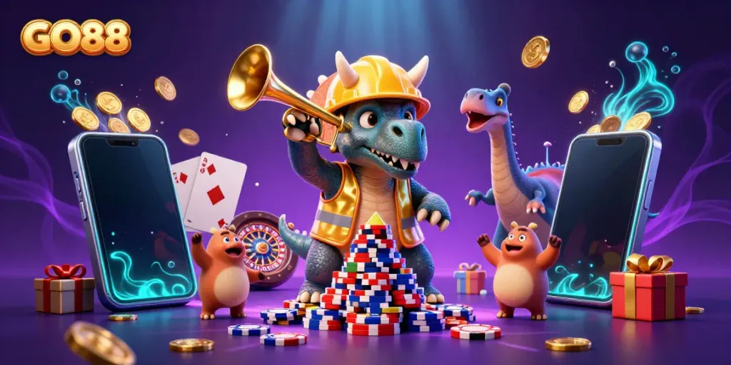 Experience the excitement of GO88 with this vibrant 3D casino scene featuring fun characters.