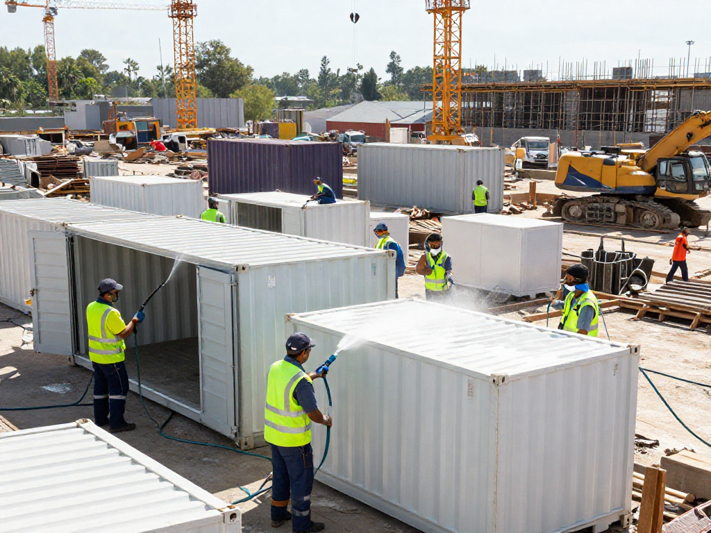 Containerreinigung auf einer Baustelle mit professionellen Reinigungsteams und modernen Geräten.
