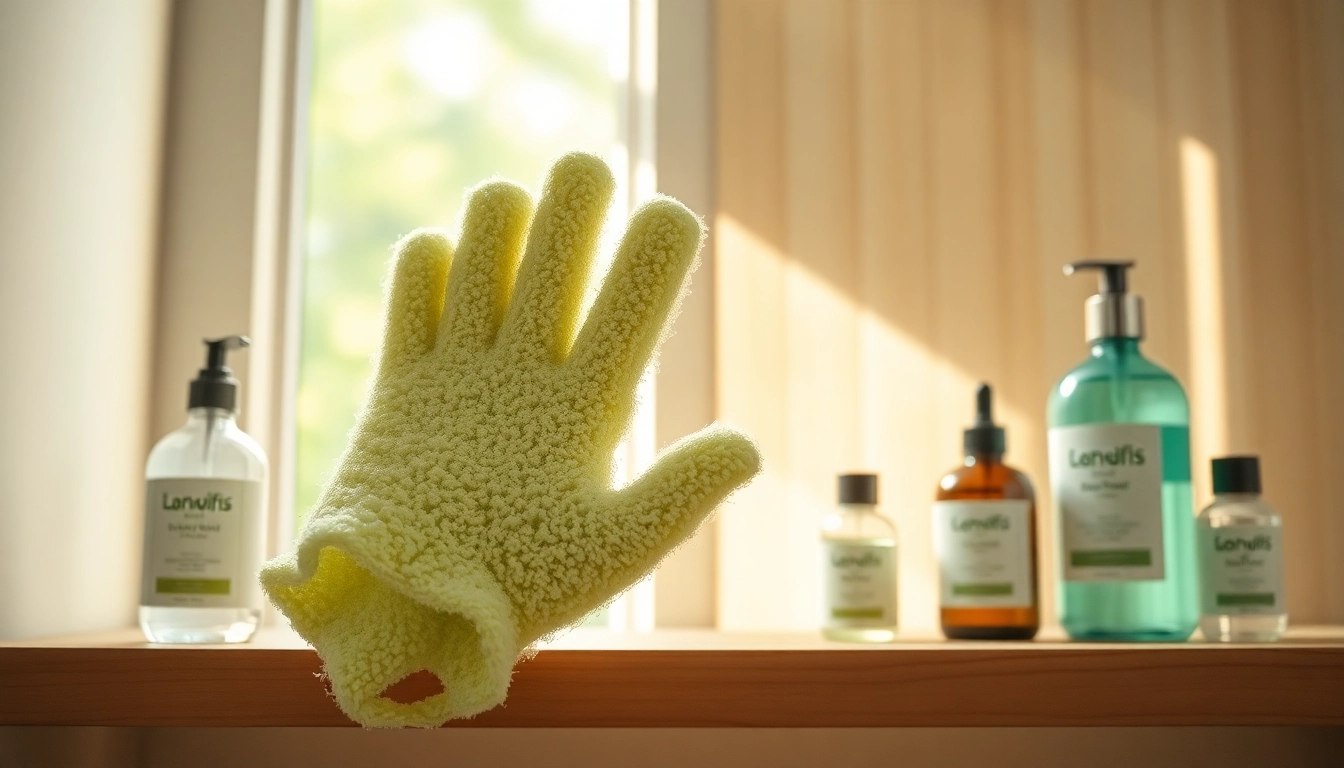 Scrub with a hand loofah glove for a refreshing shower experience in natural light.