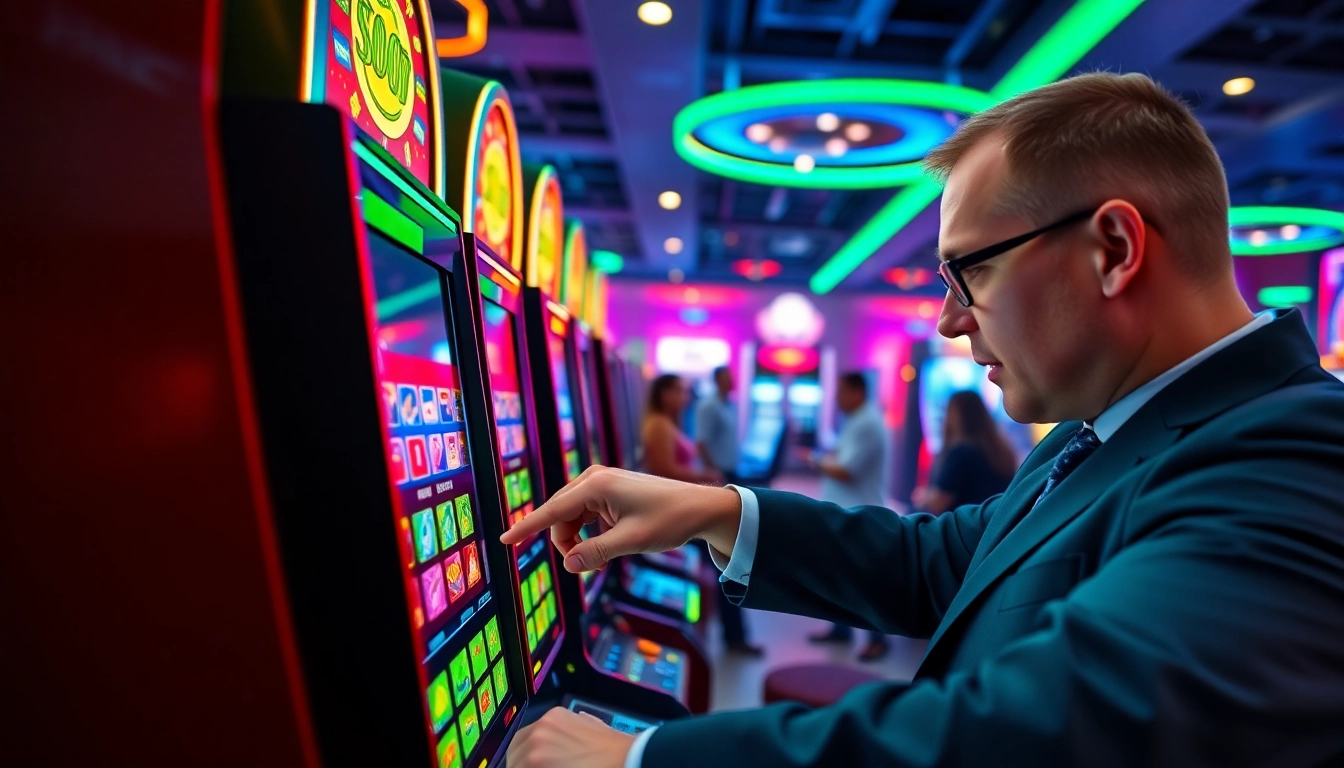 Menggambarkan suasana situs slot777 dengan pemain fokus pada mesin slot yang berwarna cerah.