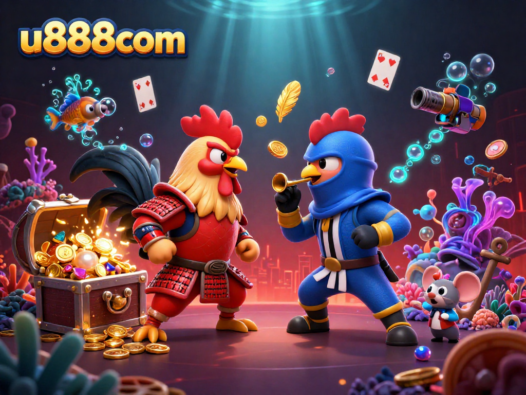 Watch twin roosters battle in a vibrant u888com casino setting filled with treasure and games.