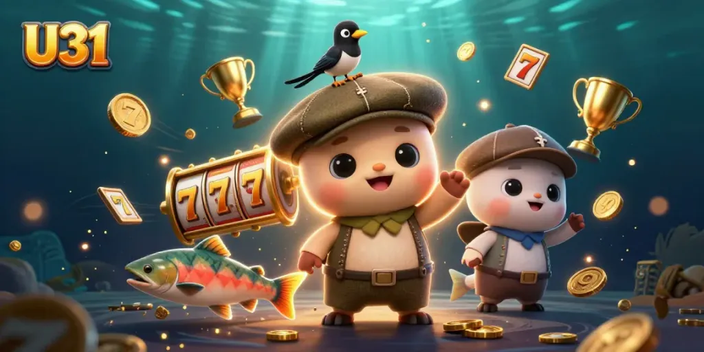 Experience vibrant gaming with U31 slots and playful characters in a dynamic illustration.