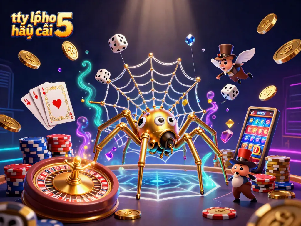 Tỷ lệ kèo nhà cái 5 illustrated with a steampunk spider, cascading coins, and vibrant poker elements.