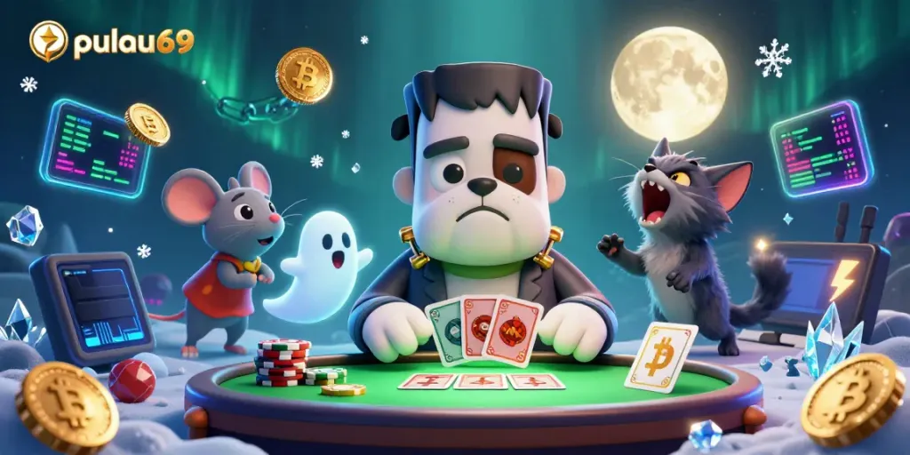 Engage in thrilling games at pulau69 with a vibrant scene of unique characters and gambling excitement.