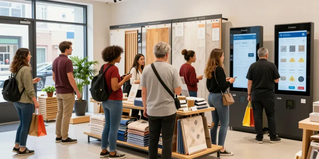 Shoppers at a vibrant ShopSmart store exploring eco-friendly products.