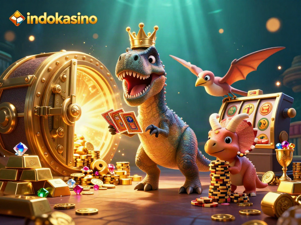 Mainkan indokasino dengan T-Rex lucu dan kartu mesin slot yang berkilau.
