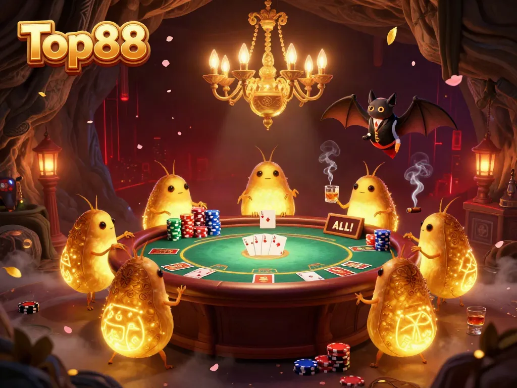 Engage with Top88's vibrant casino atmosphere featuring glowworms illuminating games, surrounded by poker elements.