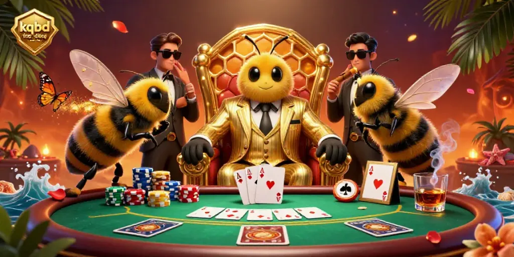 Engage with kqbd trực tiếp as a bumblebee mob boss oversees a rich poker scene with vibrant elements.