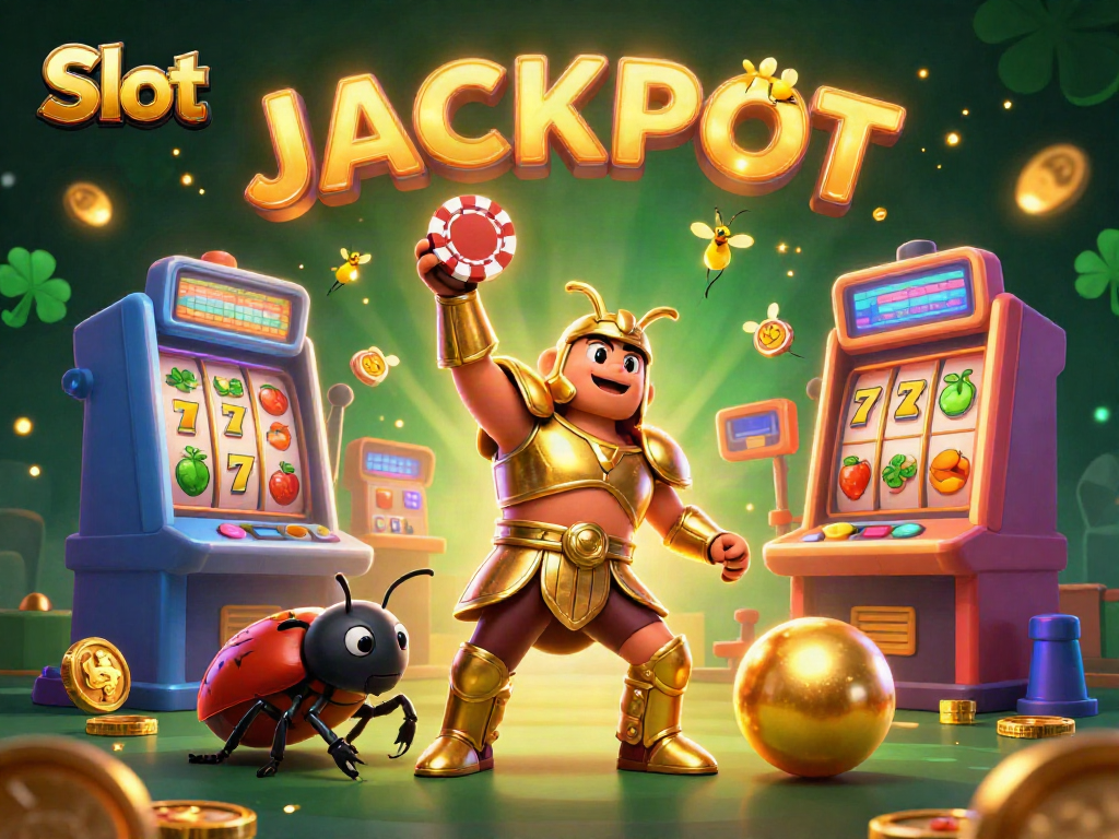 Spin to win with Slot games featuring a victorious beetle in golden armor and dynamic lucky symbols.