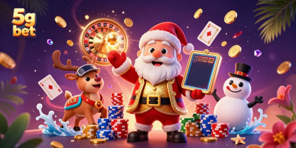 Spin and win with 5g bet at a vibrant casino featuring Santa, reindeer, and snowman.