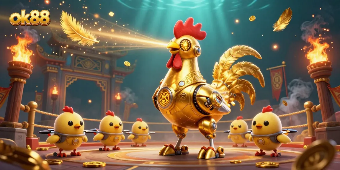 Engage in thrilling gambling action with ok88 featuring a golden rooster robot and baby chick drones.