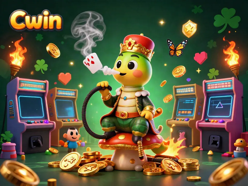 Cwin showcases rich casino elements in a vibrant 3D illustration featuring dynamic gaming characters.