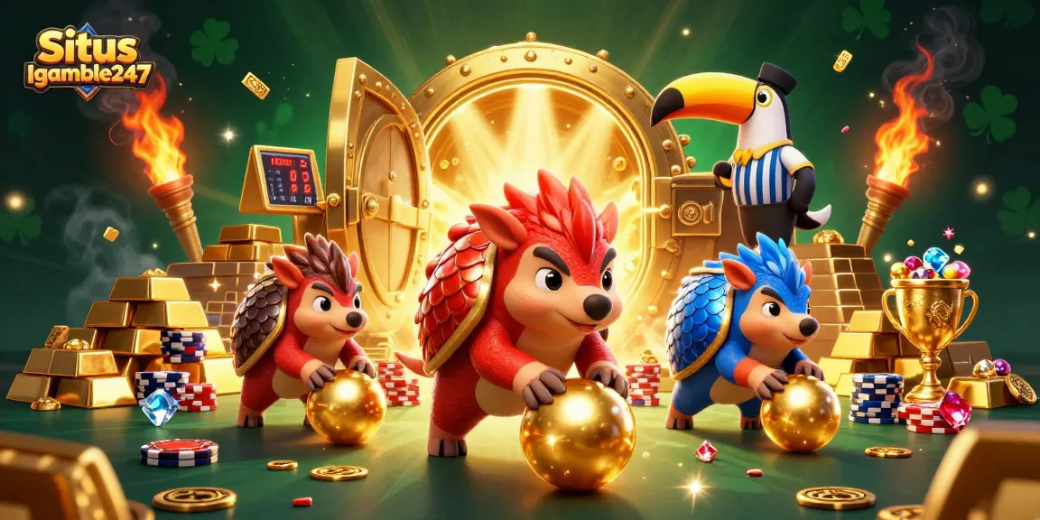 Experience the thrill of winning at Situs Igamble247 with cartoon pangolins rolling through poker chips and golden treasure.