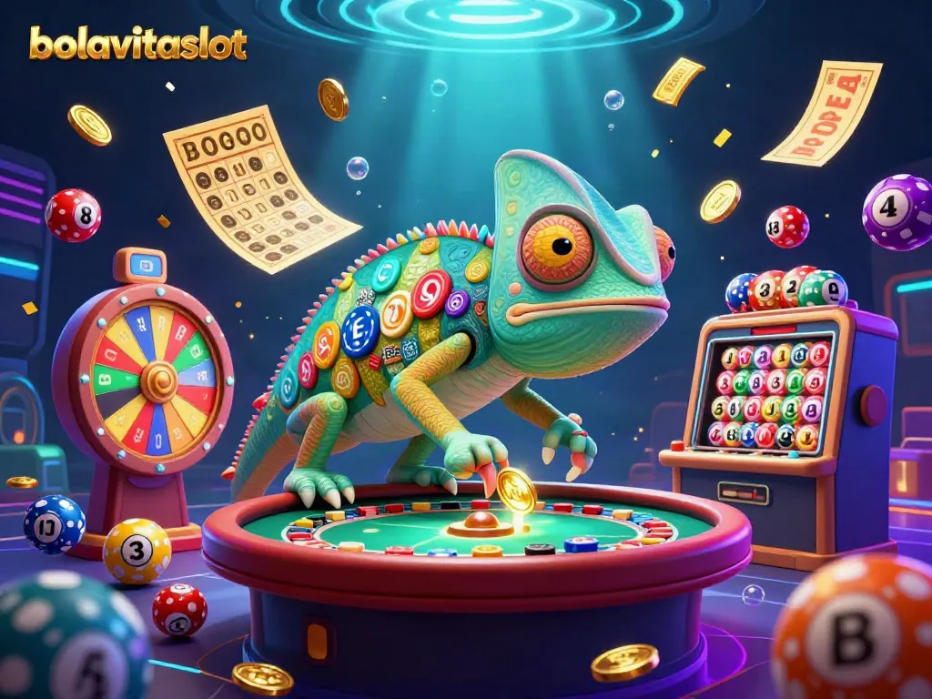 Experience the vibrant world of bolavitaslot with a colorful chameleon casino owner and dynamic gaming elements.