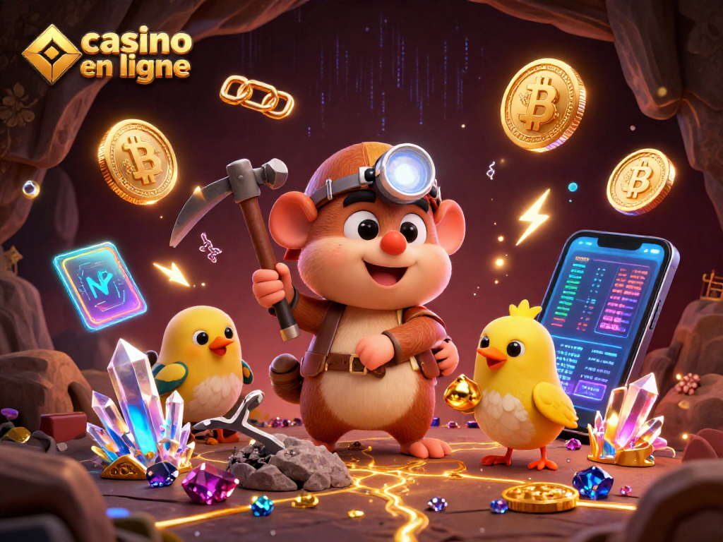 Jouez au casino en ligne avec notre molaire chercheur d'or, entouré de pièces de crypto et de jeux brillants.