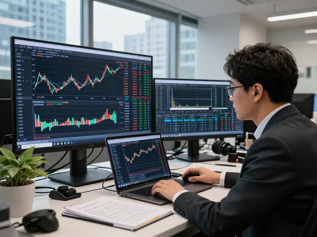 KOSPI stock market analysis in a modern office with an analyst reviewing charts and live data.