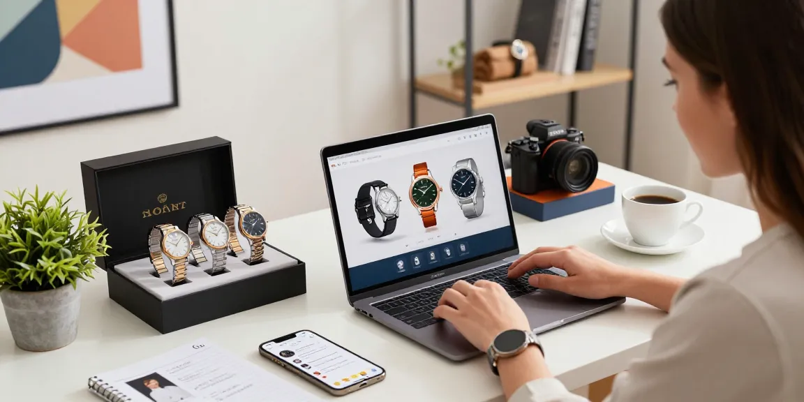 Elegant shopping scene showcasing 시계 레플리카 on a stylish desk, with a professional browsing online, capturing luxury and lifestyle.