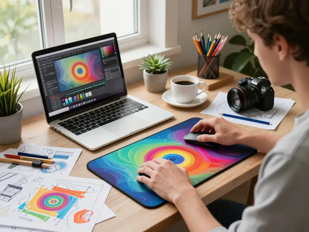 Designer customizing a colorful 3D mouse pad with wrist support in a creative workspace.