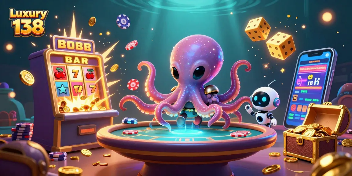 Experience Luxury 138's exciting games with a whimsical alien octopus and colorful casino elements.